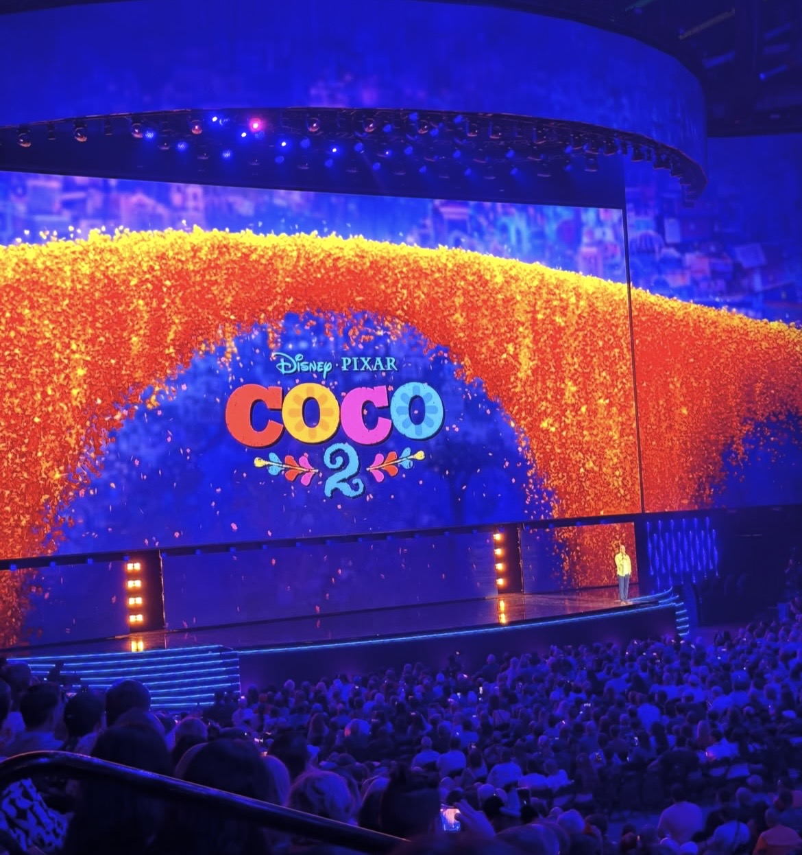 Disney and Pixar Coco 2 announcement displayed on stage at D23